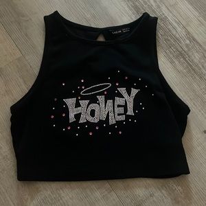 Y2K bedazzled “Honey” Black Cropped Tank Top